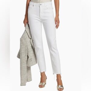 Paige Cindy Crop Straight White Raw Hem High Waist Denim Jeans 26 Petite